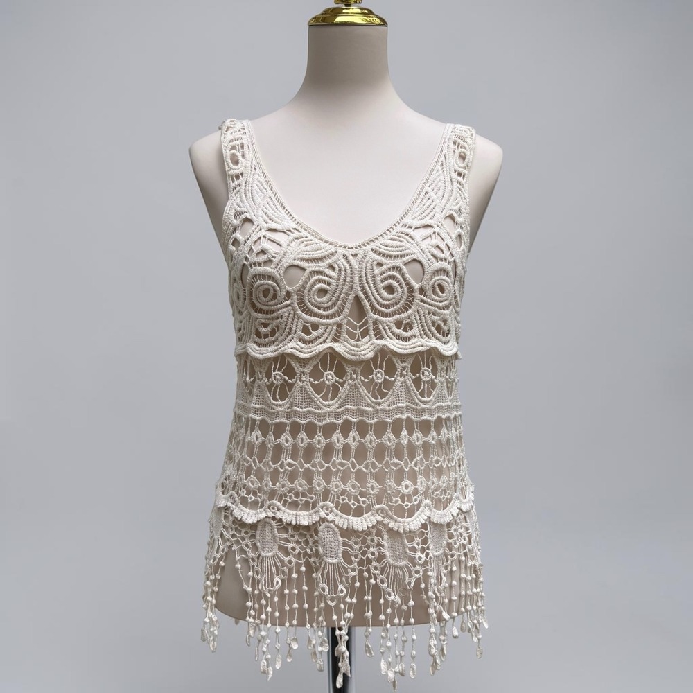 Dulcie Crochet Tank Top Size Sz M Cream Ivory Boho Fringe Festival Beach Hipppie